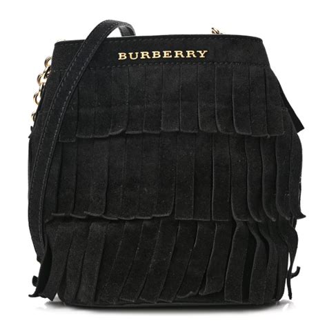 BURBERRY Suede Fringe Mini Bucket Bag Black 